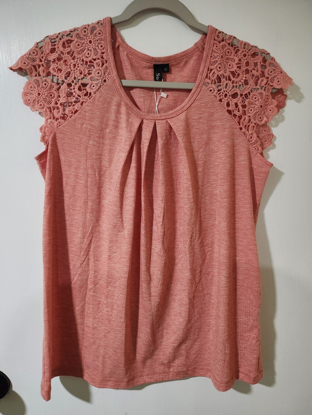 Women's Coral Orange Blouse with Floral Lace Sleeves – Size M